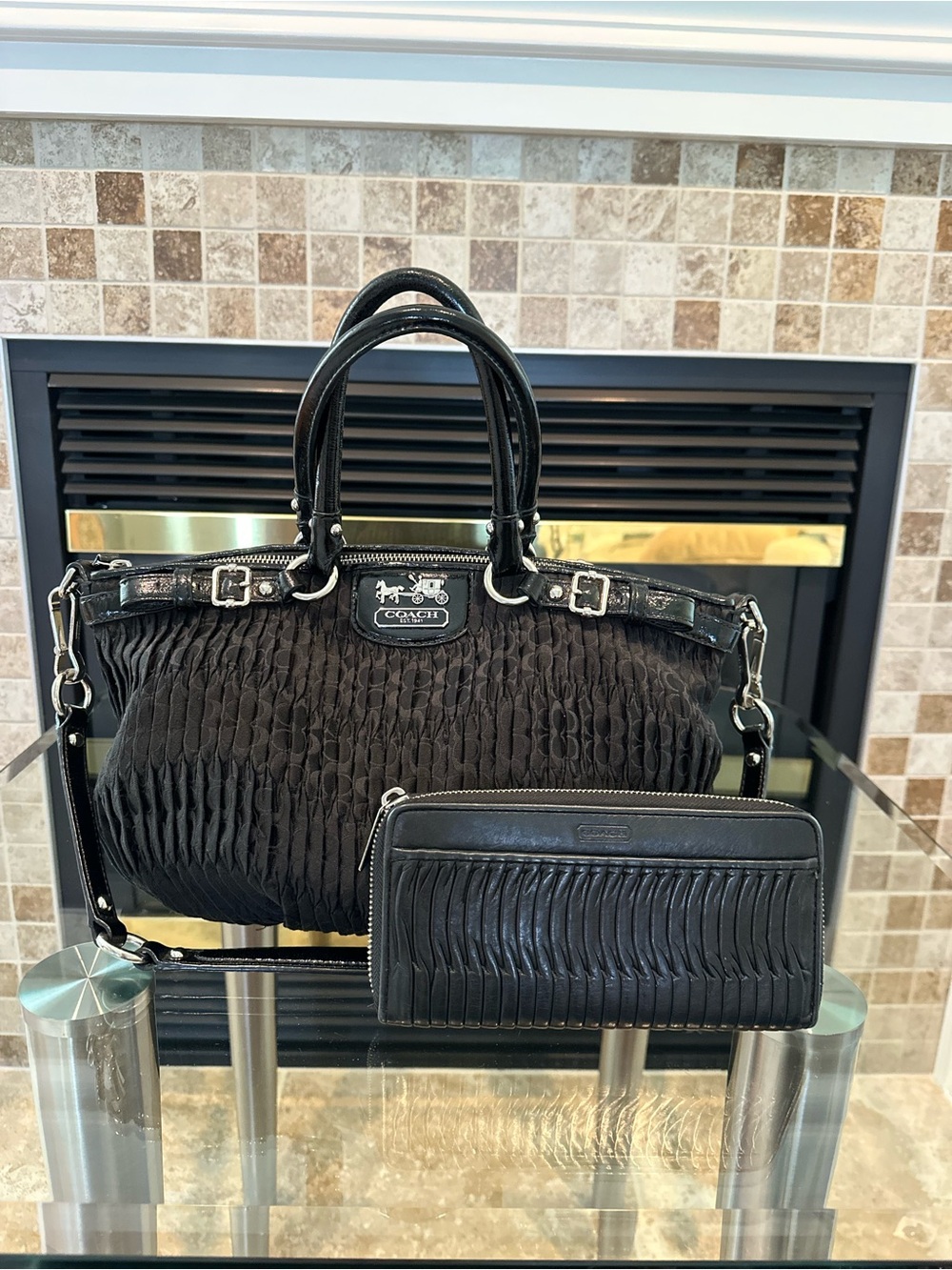 Coach Black Pleated Duffel Bag with Matching Zip Wallet